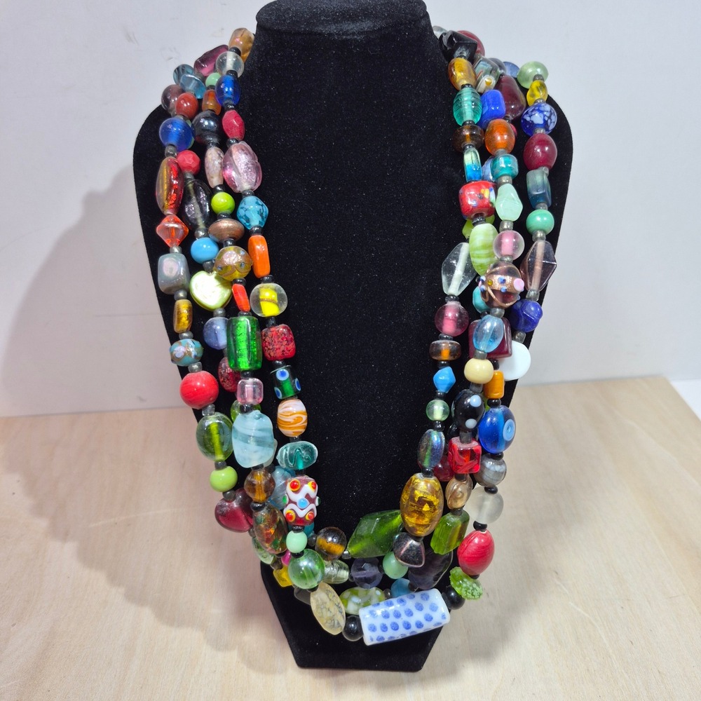 Vintage Multicolor Art Glass 3 Strand Bead Necklace Millefiori Lampwork Boho